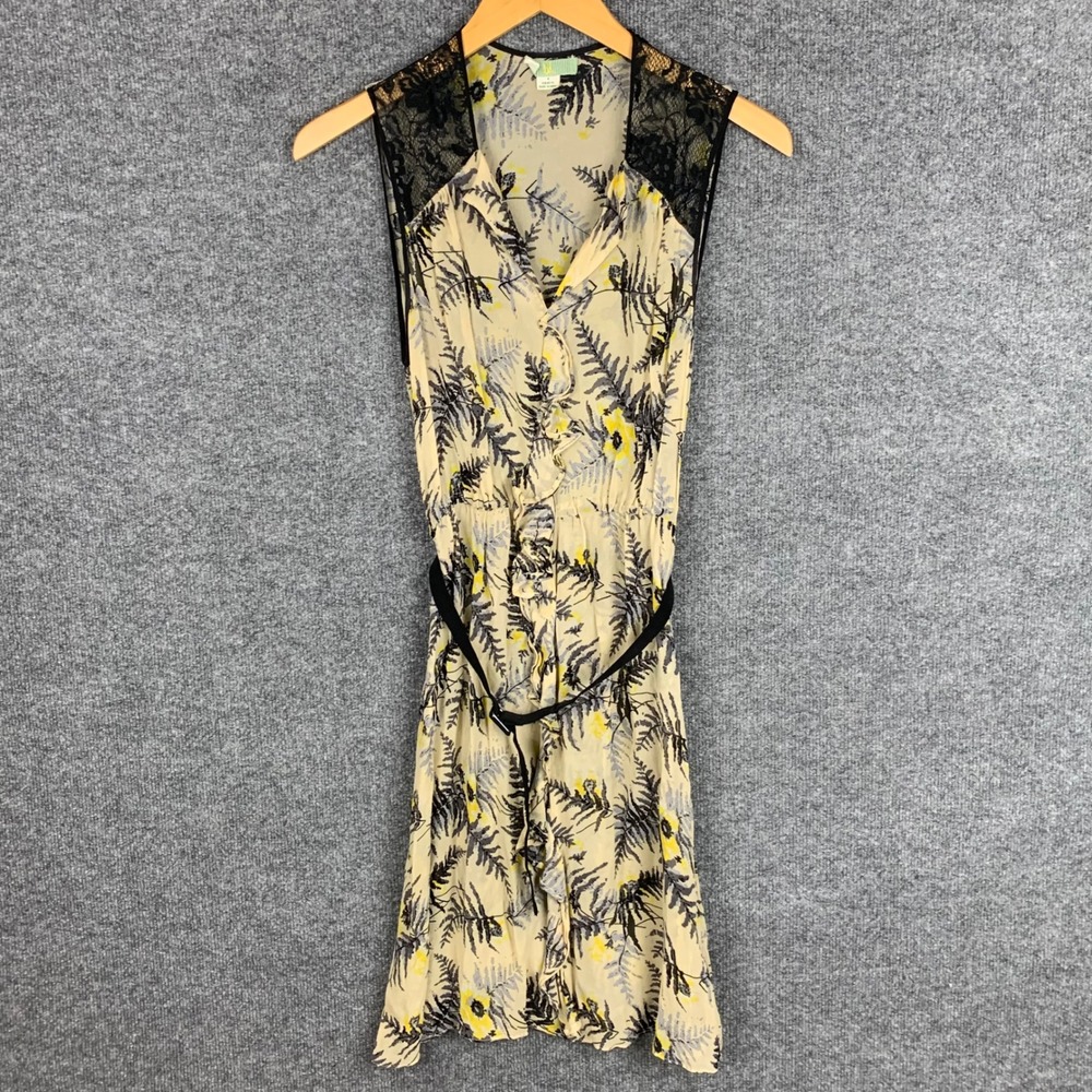 Anthropologie‎ Lil  Silk Lace Floral Midi Dress Size 4 Beige Yellow Black Belted